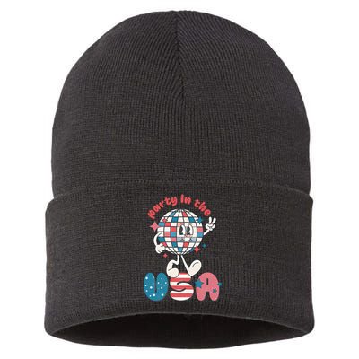 Party In The USA Retro 4th Of July Groovy Patriotic Fourth Of July Sustainable Knit Beanie