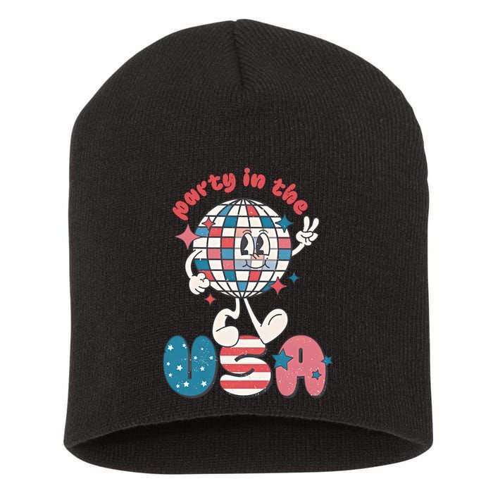 Party In The USA Retro 4th Of July Groovy Patriotic Fourth Of July Short Acrylic Beanie