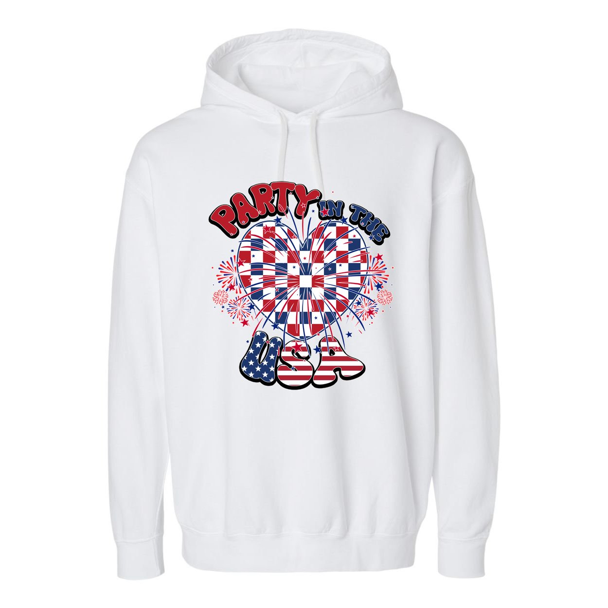 Party In The Usa Firework Red White Blue Heart Garment-Dyed Fleece Hoodie