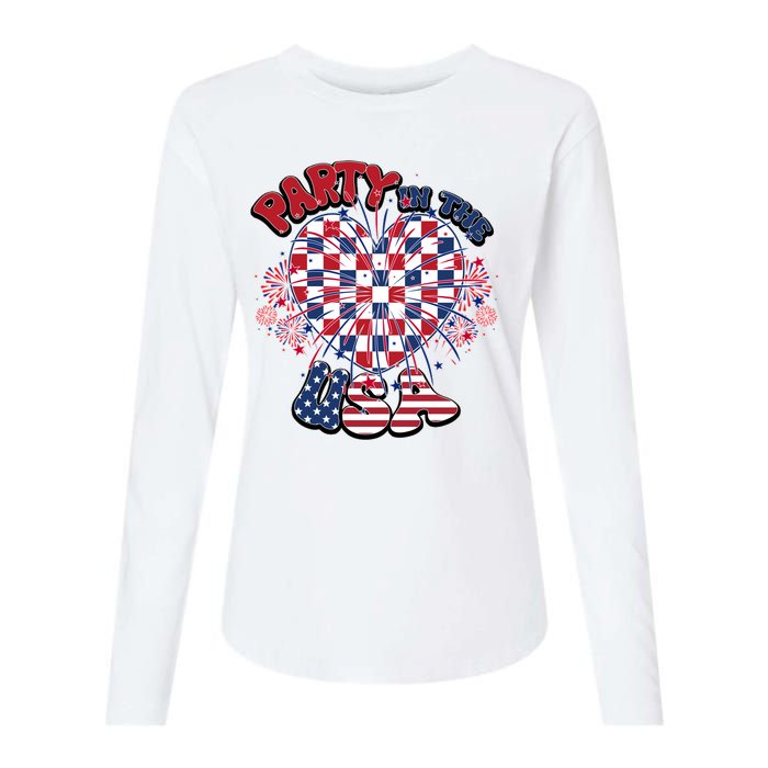 Party In The Usa Firework Red White Blue Heart Womens Cotton Relaxed Long Sleeve T-Shirt