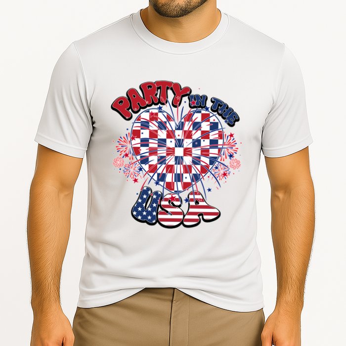 Party In The Usa Firework Red White Blue Heart Cooling Performance Crew T-Shirt