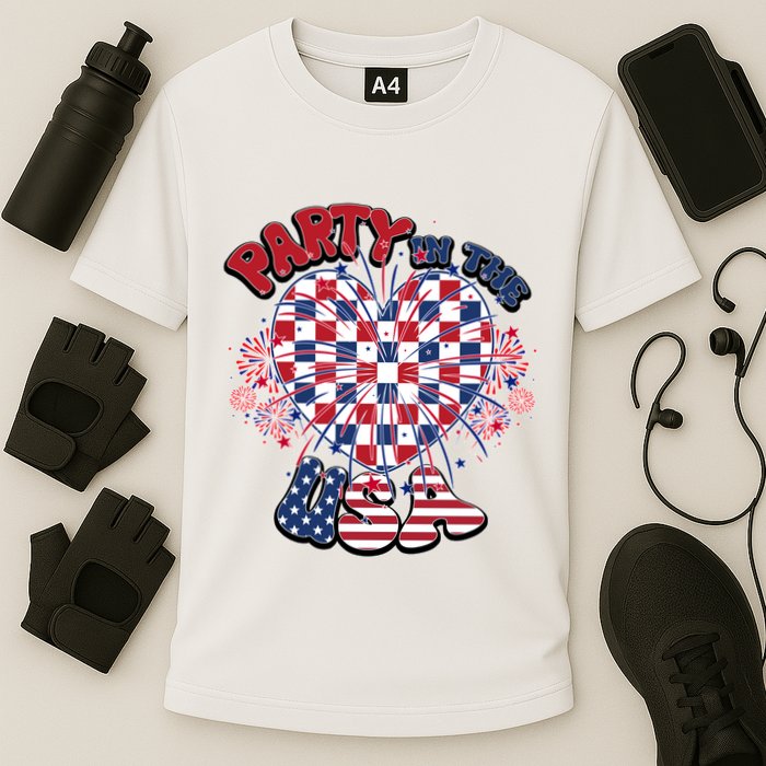 Party In The Usa Firework Red White Blue Heart Cooling Performance Crew T-Shirt