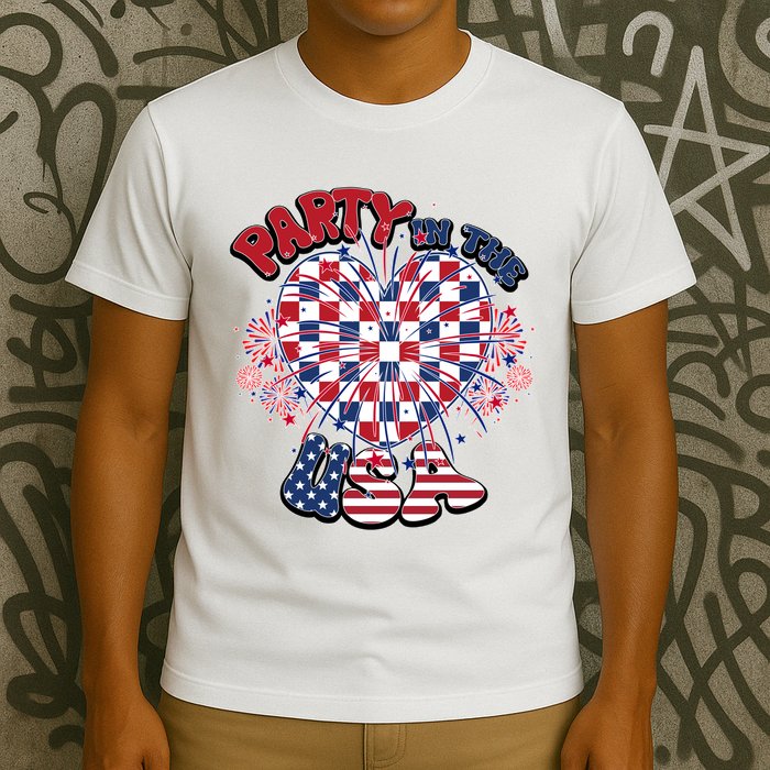 Party In The Usa Firework Red White Blue Heart T-Shirt