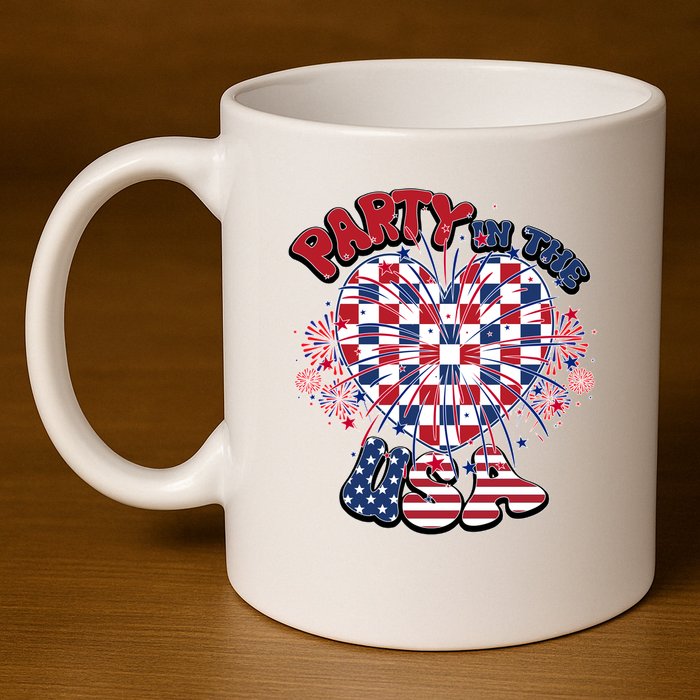 Party In The Usa Firework Red White Blue Heart 11oz C Handle Ceramic Mug