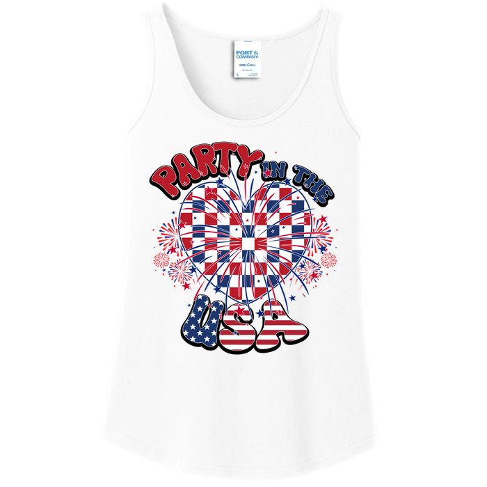 Party In The Usa Firework Red White Blue Heart Ladies Essential Tank