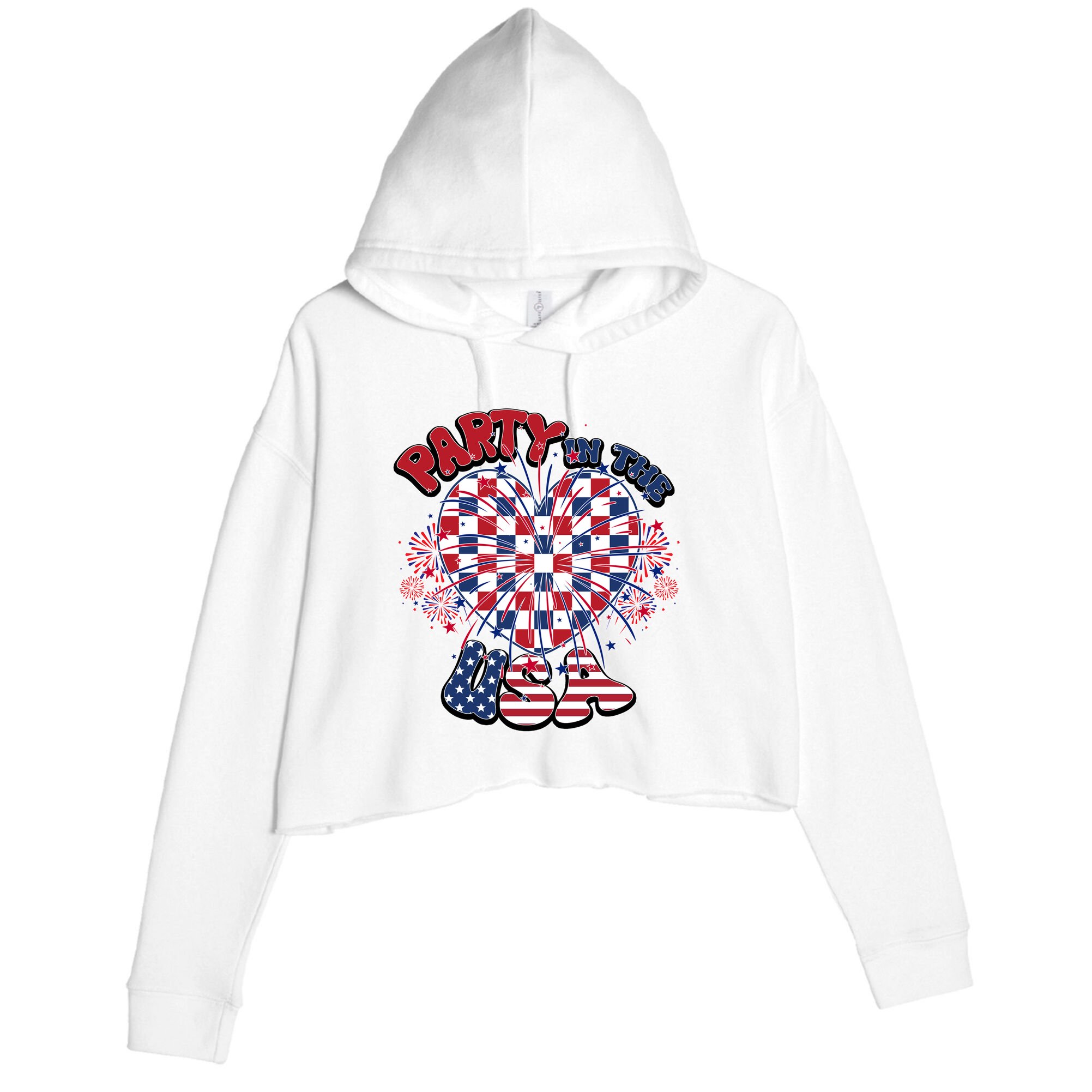 Party In The Usa Firework Red White Blue Heart Crop Fleece Hoodie