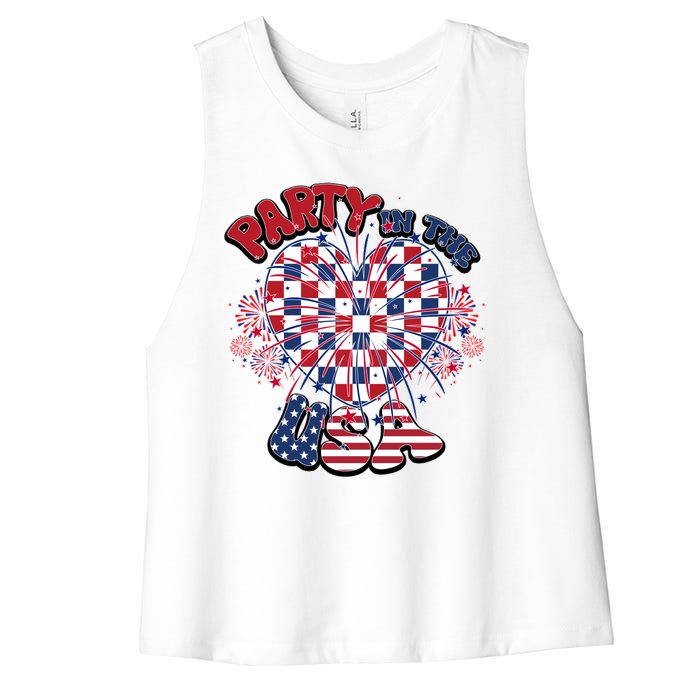 Party In The Usa Firework Red White Blue Heart Women's Racerback Cropped Tank