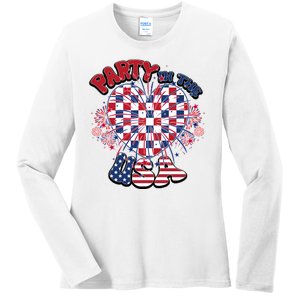 Party In The Usa Firework Red White Blue Heart Ladies Long Sleeve Shirt