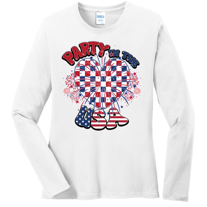 Party In The Usa Firework Red White Blue Heart Ladies Long Sleeve Shirt