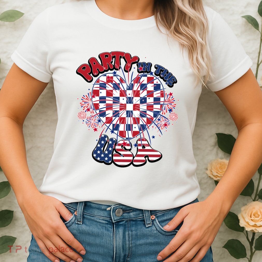 Party In The Usa Firework Red White Blue Heart Womens T-Shirt