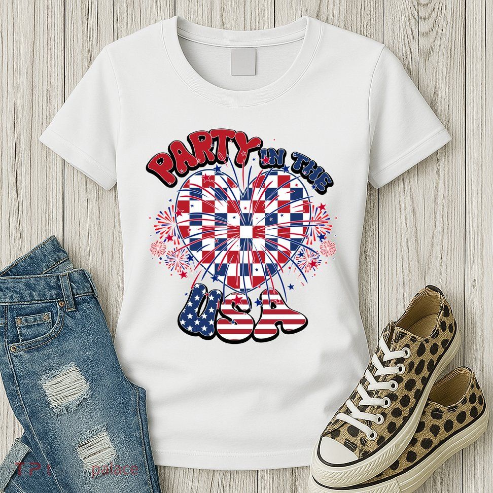 Party In The Usa Firework Red White Blue Heart Womens T-Shirt