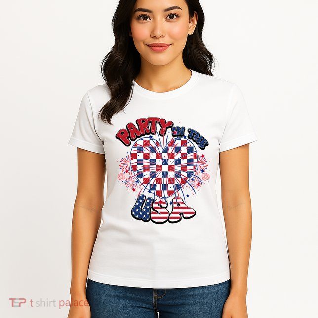 Party In The Usa Firework Red White Blue Heart Womens T-Shirt