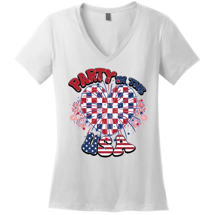 Party In The Usa Firework Red White Blue Heart Women's V-Neck T-Shirt