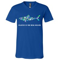 Plastic Is The Real Killer Costume Shark Save Ocean Cool Gift V-Neck T-Shirt