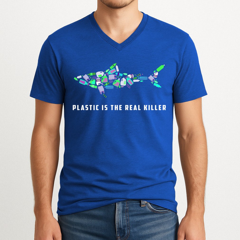 Plastic Is The Real Killer Costume Shark Save Ocean Cool Gift V-Neck T-Shirt
