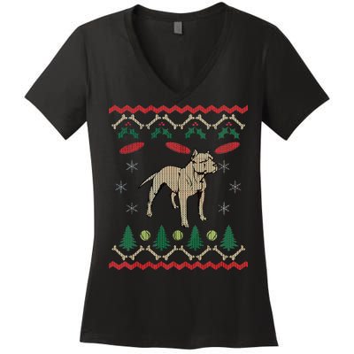 Pitbull Ugly Christmas Sweater Women's V-Neck T-Shirt