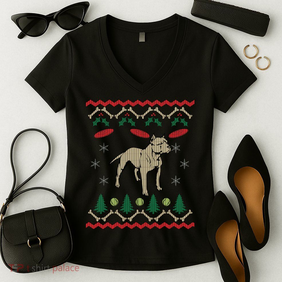 Pitbull Ugly Christmas Sweater Women's V-Neck T-Shirt