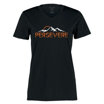 Persevere Inspirational Uplifting Positive Mountain Graphic Women's Momentum V-Neck T-Shirt