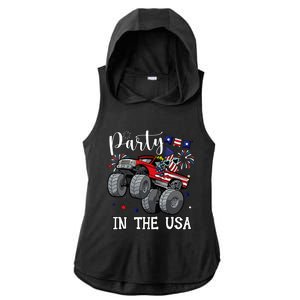 Party In Usa Monster Truck Us Flag Boy America Ladies PosiCharge Tri-Blend Wicking Draft Hoodie Tank