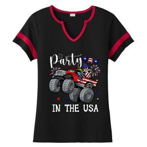 Party In Usa Monster Truck Us Flag Boy America Ladies Halftime Notch Neck Tee