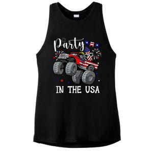 Party In Usa Monster Truck Us Flag Boy America Ladies PosiCharge Tri-Blend Wicking Tank