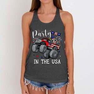 Party In Usa Monster Truck Us Flag Boy America Women's Knotted Racerback Tank