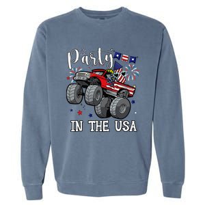 Party In Usa Monster Truck Us Flag Boy America Garment-Dyed Sweatshirt