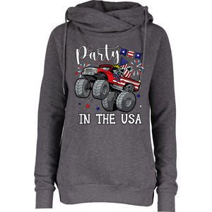 Party In Usa Monster Truck Us Flag Boy America Womens Funnel Neck Pullover Hood