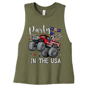 Party In Usa Monster Truck Us Flag Boy America Women's Racerback Cropped Tank