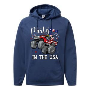 Party In Usa Monster Truck Us Flag Boy America Performance Fleece Hoodie