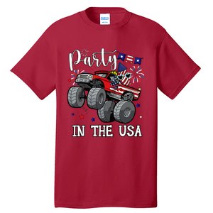 Party In Usa Monster Truck Us Flag Boy America Tall T-Shirt