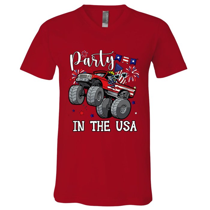 Party In Usa Monster Truck Us Flag Boy America V-Neck T-Shirt