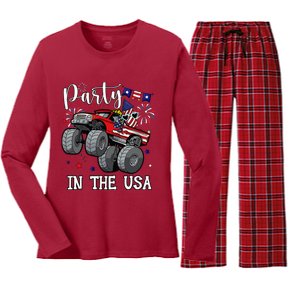 Party In Usa Monster Truck Us Flag Boy America Women's Long Sleeve Flannel Pajama Set 