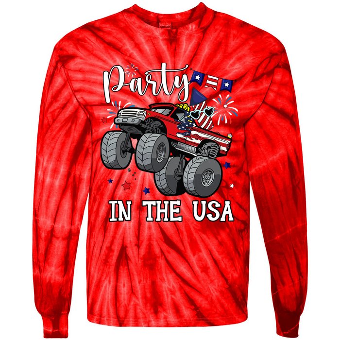 Party In Usa Monster Truck Us Flag Boy America Tie-Dye Long Sleeve Shirt