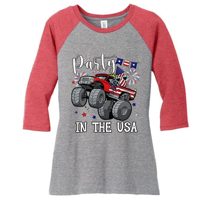 Party In Usa Monster Truck Us Flag Boy America Women's Tri-Blend 3/4-Sleeve Raglan Shirt