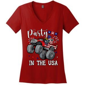 Party In Usa Monster Truck Us Flag Boy America Women's V-Neck T-Shirt