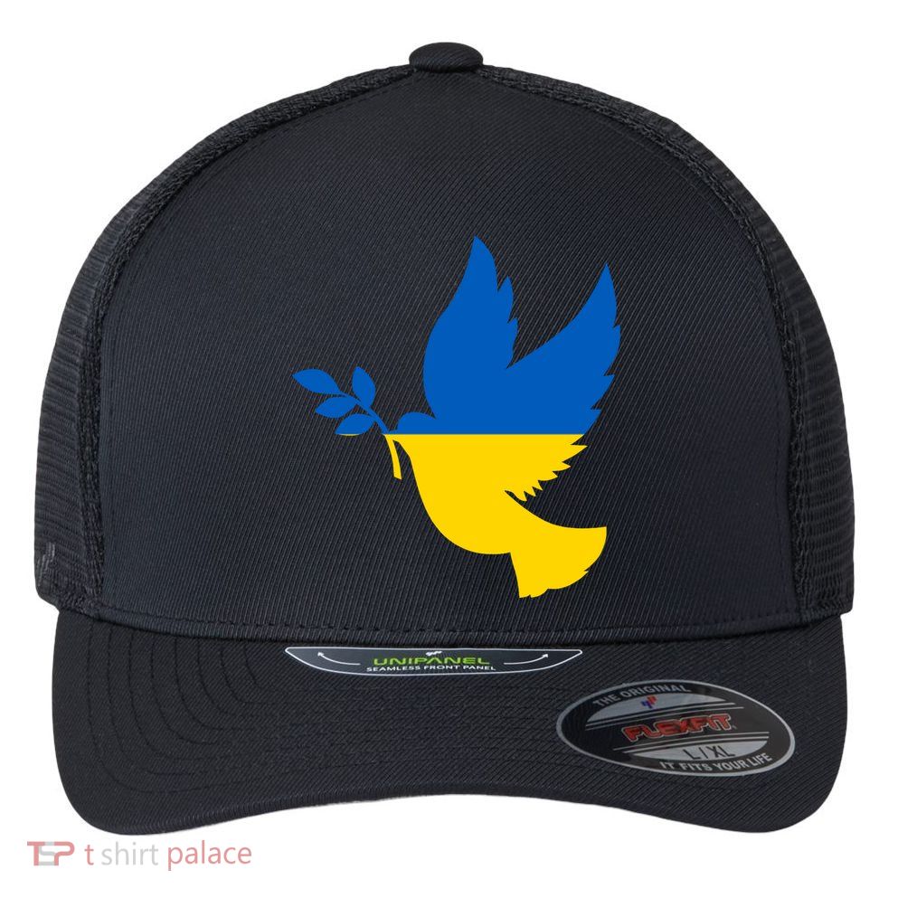 Peace In Ukraine Dove Flexfit Unipanel Trucker Cap