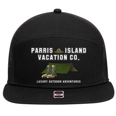 Parris Island Vacation Co Luxury Outdoor Adventures Funny 7 Panel Mesh Trucker Snapback Hat