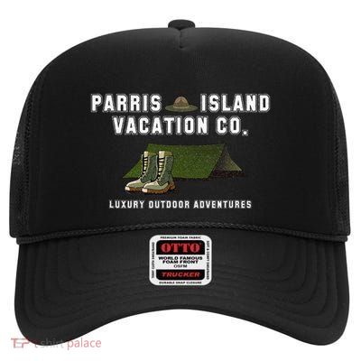 Parris Island Vacation Co Luxury Outdoor Adventures Funny High Crown Mesh Back Trucker Hat