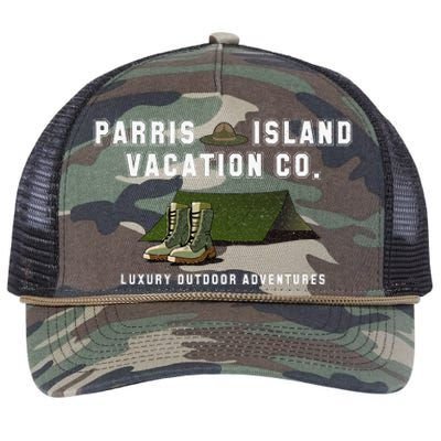 Parris Island Vacation Co Luxury Outdoor Adventures Funny Retro Rope Trucker Hat Cap