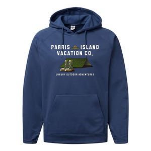 Parris Island Vacation Co Luxury Outdoor Adventures Funny Performance Fleece Hoodie