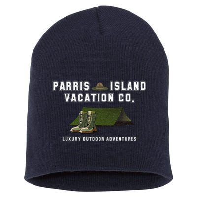 Parris Island Vacation Co Luxury Outdoor Adventures Funny Short Acrylic Beanie