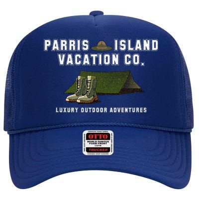 Parris Island Vacation Co Luxury Outdoor Adventures Funny High Crown Mesh Back Trucker Hat