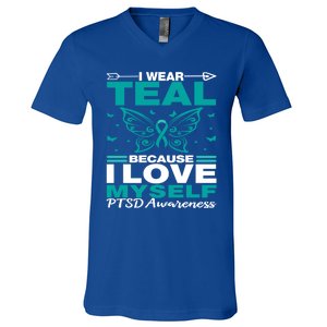 Ptsd I Wear Teal For Myself Ptsd Awareness Family Support Gift V-Neck T-Shirt