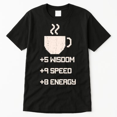 Pixel Coffee Power Up Wisdom Speed Energy Tall T-Shirt