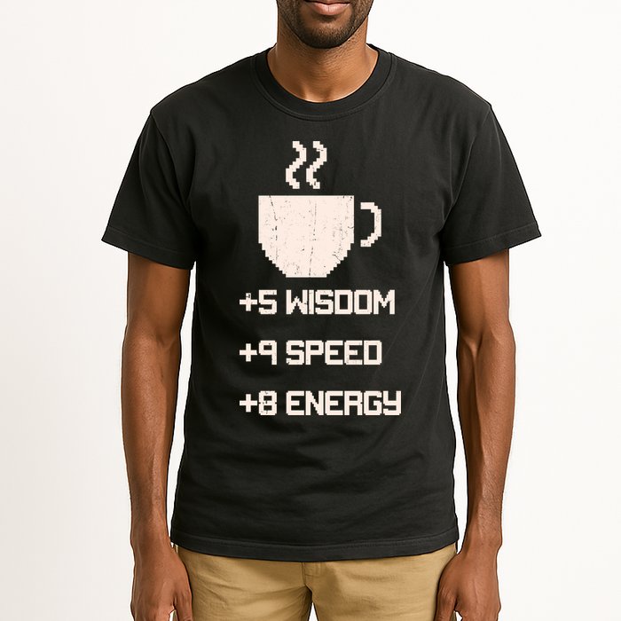 Pixel Coffee Power Up Wisdom Speed Energy Tall T-Shirt