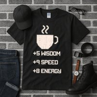 Pixel Coffee Power Up Wisdom Speed Energy Tall T-Shirt