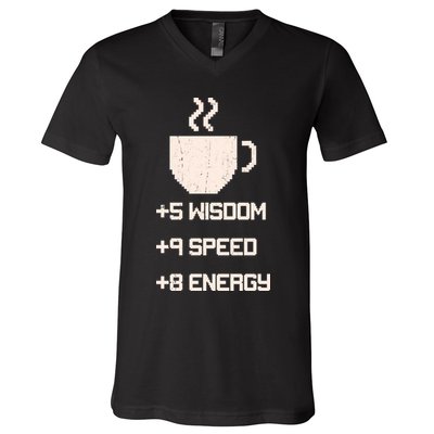 Pixel Coffee Power Up Wisdom Speed Energy V-Neck T-Shirt