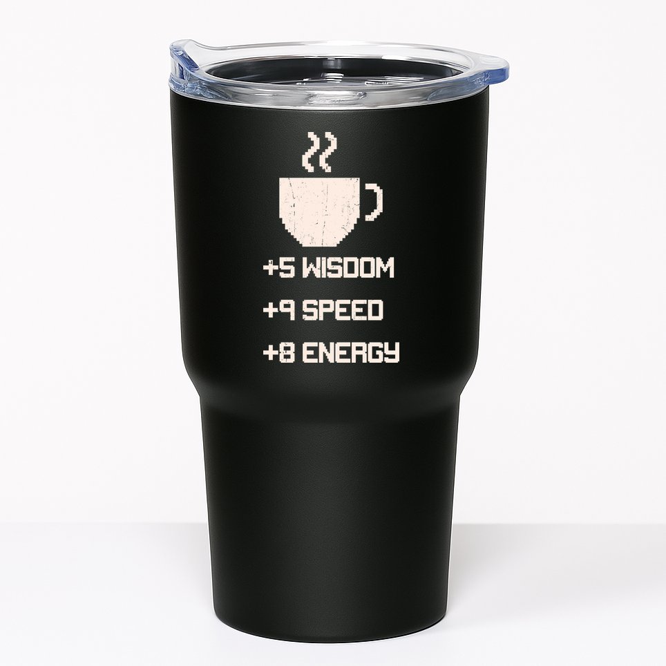 Pixel Coffee Power Up Wisdom Speed Energy Tumbler