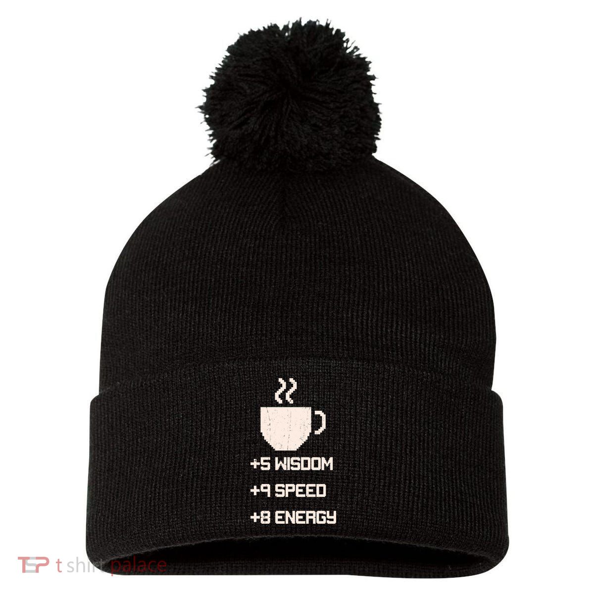 Pixel Coffee Power Up Wisdom Speed Energy Pom Pom 12in Knit Beanie